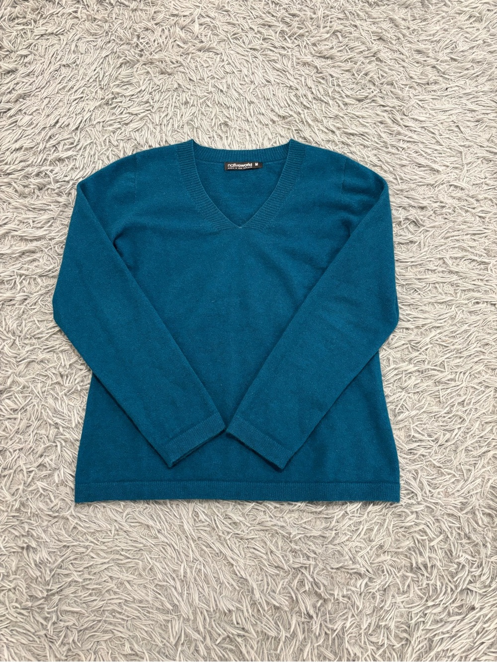 Native World New Zealand Men Medium Teal Possum Merino Wool Silk V-Neck Sweater